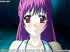 Парень ласкает большую грудь и киску возбуждённой хентай девке