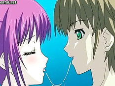 Парень ласкает большую грудь и киску возбуждённой хентай девке