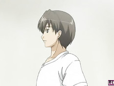 Грудастая хентай девка столкнулась с парнем и подрочила сиськами