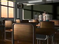 Сиськастая 3D секретарша в очках трахается с компанией парней