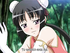 Рыжая хентай девушка с большой грудью трахает блондинку в лесу