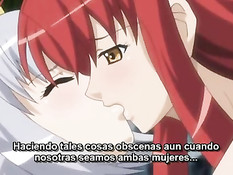 Рыжая хентай девушка с большой грудью трахает блондинку в лесу