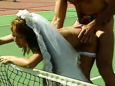 Brunette asian bride fucked on the court