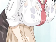 Аниме блондинка дала очкарику полизать сиськи и подрочила член