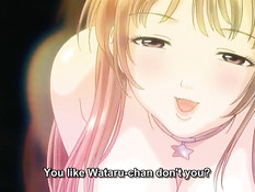 Аниме блондинка дала очкарику полизать сиськи и подрочила член