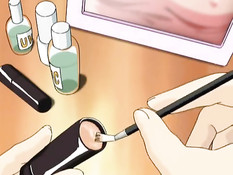 Аниме блондинка дала очкарику полизать сиськи и подрочила член