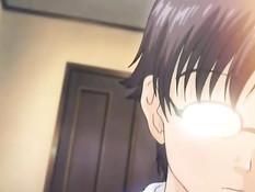 Аниме блондинка дала очкарику полизать сиськи и подрочила член