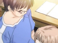 Аниме блондинка дала очкарику полизать сиськи и подрочила член