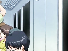 Аниме блондинка дала очкарику полизать сиськи и подрочила член