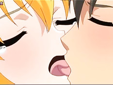 Сисястая хентай блондинка отсасывает в позе 69 и садится на член