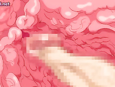 Мужик ласкает сиськи чёрной хентай девушке и трахает на кровати