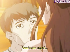 Развратная хентай медсестра села на парня и подрочила сиськами