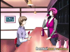 Грудастая хентай барменша ебётся с пареньком в позе наездницы