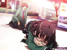 Развратная хентай студентка в подворотне ебётся раком с парнем