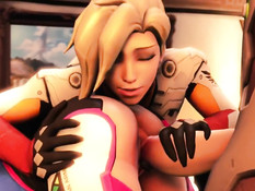 Групповой секс парня с девушками Mercy и DVA из игры Overwatch