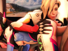 Групповой секс парня с девушками Mercy и DVA из игры Overwatch