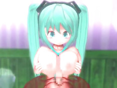 3D малышка с зелёными волосами отсасывает и дрочит член грудью