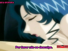 Грудастая хентай подруга с голубыми волосами сосёт и ебётся раком