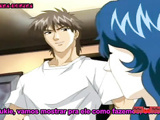 Грудастая хентай подруга с голубыми волосами сосёт и ебётся раком