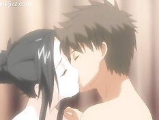 Скромная хентай брюнетка сосёт и дрочит член большими сиськами