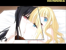 Развратные хентай блондинка и брюнетка трахают парня на кровати