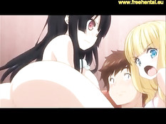 Развратные хентай блондинка и брюнетка трахают парня на кровати