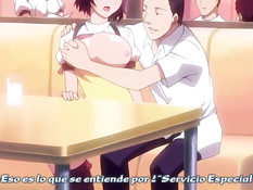 Хентай девчонка сосёт парню член и дрочит своей большой грудью