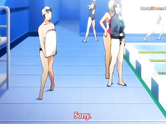 Две сисястые аниме девки затрахали парня в раздевалке бассейна