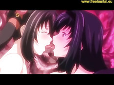 Две аниме лесбиянки ласкают друг дружку и играют со щупальцами