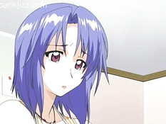 Парень ебёт хентай девку с голубыми волосами вибратором и членом