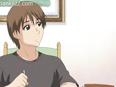 Парень ебёт хентай девку с голубыми волосами вибратором и членом