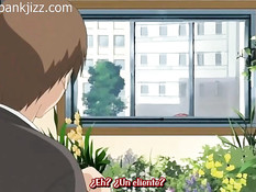 Парень ебёт хентай девку с голубыми волосами вибратором и членом