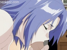 Парень ебёт хентай девку с голубыми волосами вибратором и членом