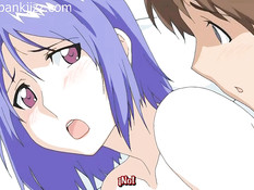 Парень ебёт хентай девку с голубыми волосами вибратором и членом