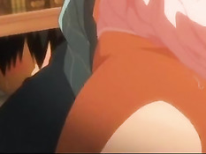 Очкастая хентай девка с косичками трахается с парнем в библиотеке