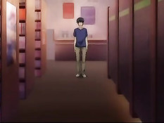 Очкастая хентай девка с косичками трахается с парнем в библиотеке