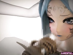 Красивый секс с татуированной 3d девушкой с голубыми волосами