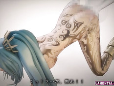 Красивый секс с татуированной 3d девушкой с голубыми волосами