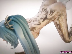 Красивый секс с татуированной 3d девушкой с голубыми волосами