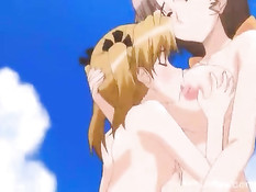 Несколько хентай девок и один парень занимаются сексом на пляже