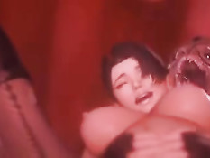 Сиськастая 3D брюнетка в сетчатых чулках трахается с монстрами