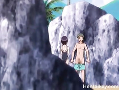 Очкастая хентай девка на пляже сняла с парня плавки и подрочила