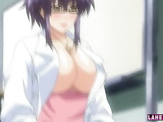 Грудастая хентай женщина в очках повалила парня и села на член