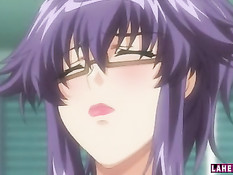 Грудастая хентай женщина в очках повалила парня и села на член