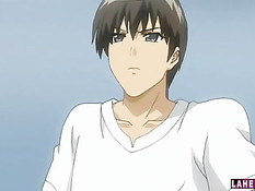 Грудастая хентай женщина в очках повалила парня и села на член