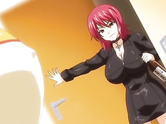 Горячая хентай подруга с красными волосами дрочит член сиськами