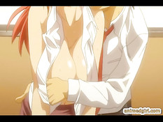 Рыжая хентай девка в очках трахается с парнем на рабочем месте