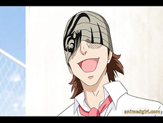 Рыжая хентай девка в очках трахается с парнем на рабочем месте