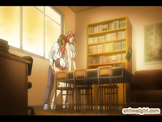 Рыжая хентай девка в очках трахается с парнем на рабочем месте