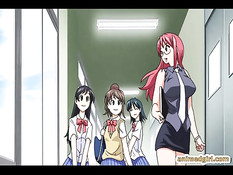 Рыжая хентай девка в очках трахается с парнем на рабочем месте